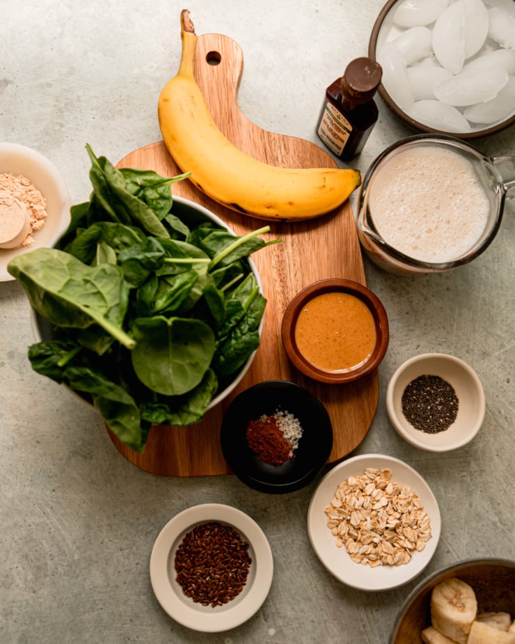 An overhead shot shows ingredients for a smoothie.