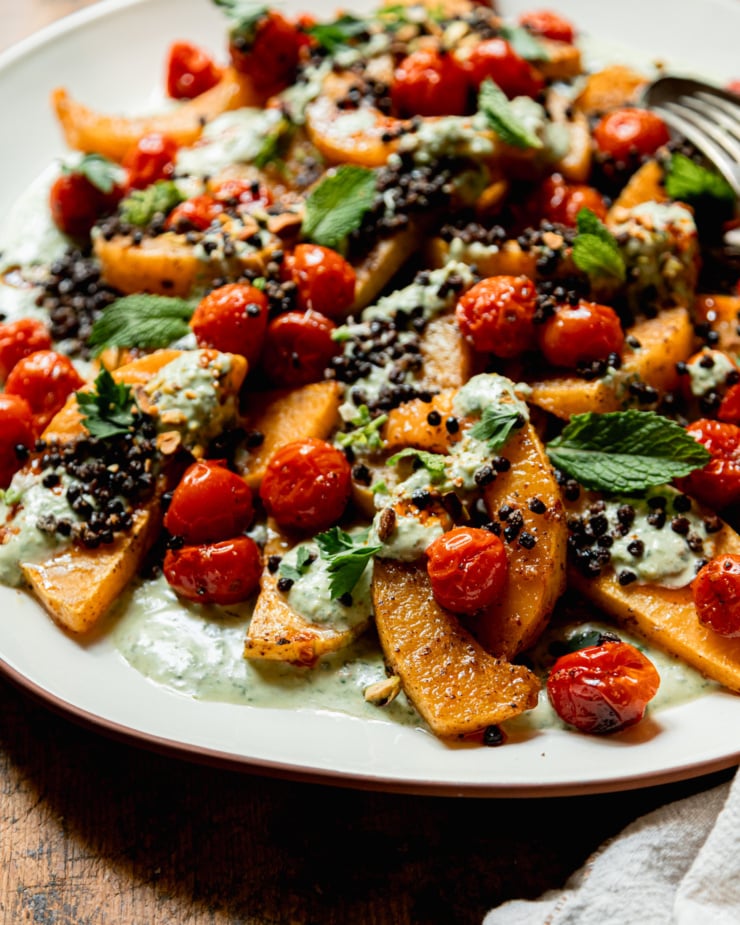 A 3/4 angle shot shows a platter with toasted butternut squash slices, burst cherry tomatoes, herbed creamy vegan yogurt sauce, roasted chewy lentils, whole herbs, and drizzles of chili oil.
