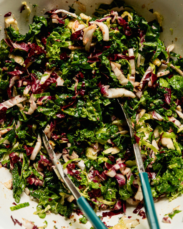 An overhead shot shows dressed shredded kale, radicchio, and brussels sprouts.