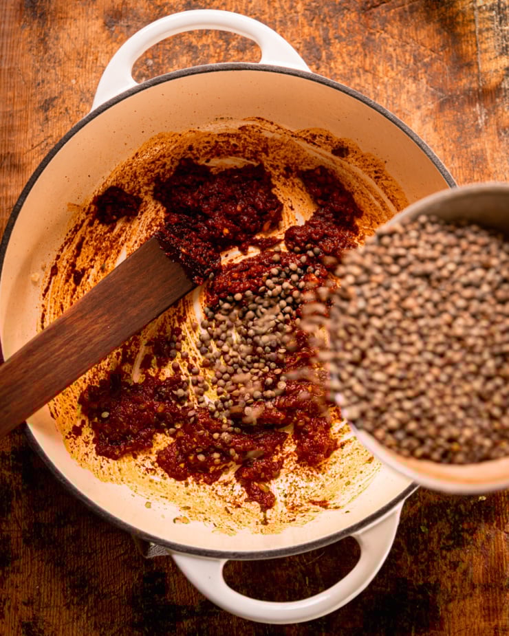 An overhead shot shows dry French lentils being poured into a pot with shallots, spices, garlic, tomato paste, and harissa. A wooden spatula sticks out of the pot.