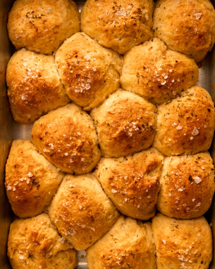 An up close, overhead shot shows a freshly baked no-knead dinner rolls that feature sweet potato purée and chopped herbs. The rolls are topped with flaky salt.