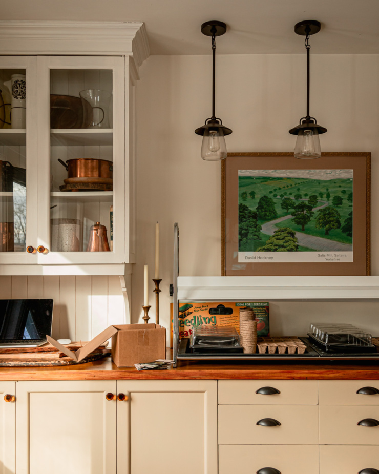 A head-on shot shows a dining room area overtaken by seed starting equipment and grow lights.