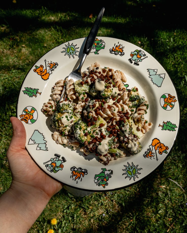 An overhead shot shows a hand holding a plate of vegan broccoli Caesar pasta salad outside with some grass in the background.