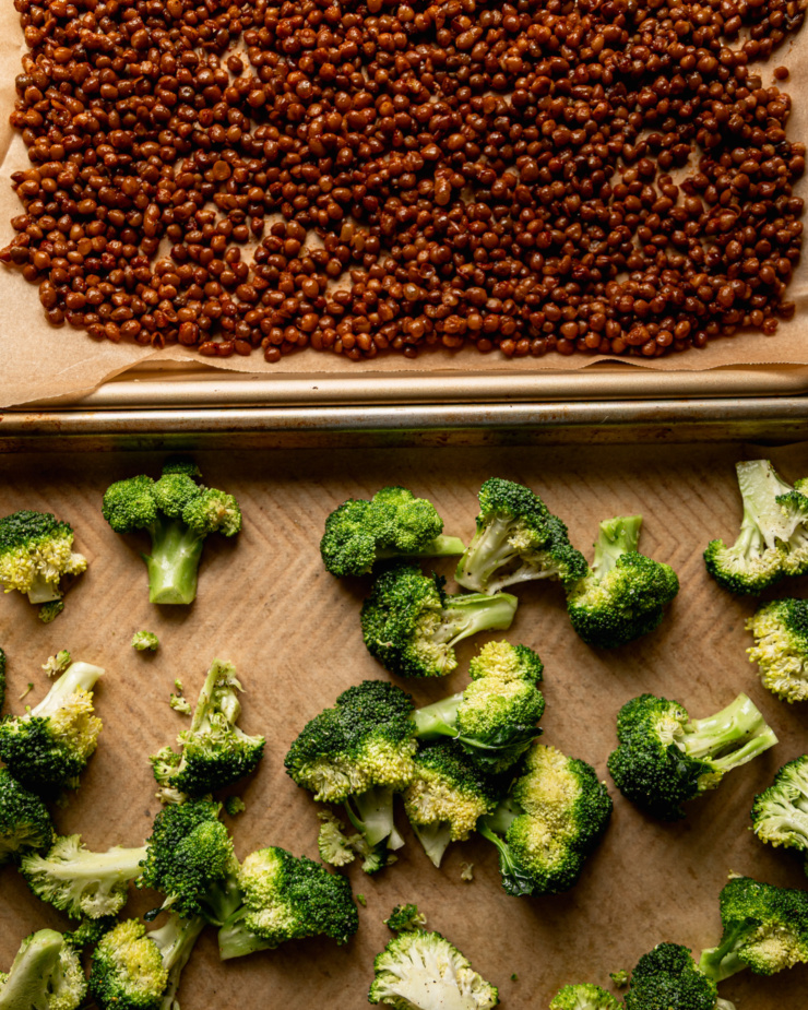 An overhead shot shows a baking sheet with lentils and a baking sheet with broccoli florets.