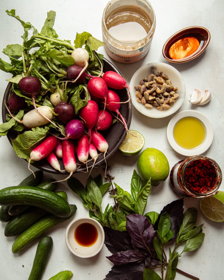 An overhead shot shows ingredients for a salad.