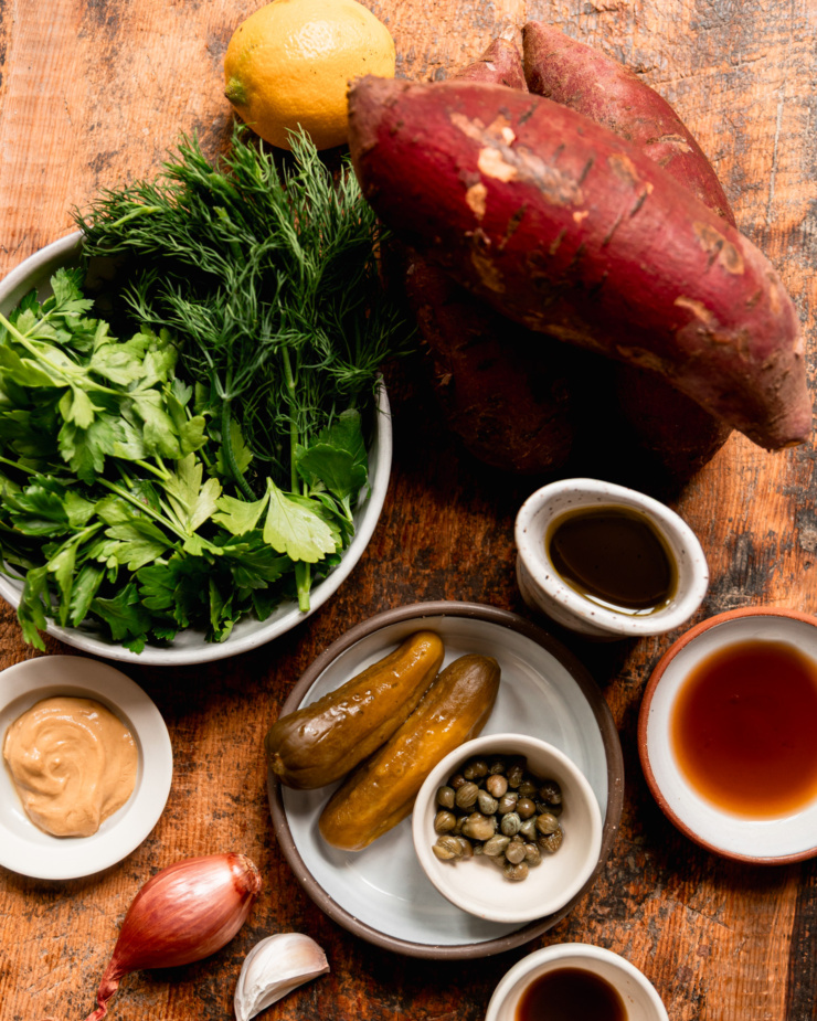 An overhead shot shows ingredients for a grilled vegetable side dish.
