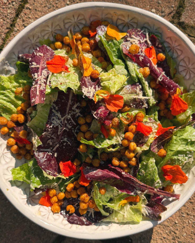 An overhead shot shows a caesar-ish salad with nasturtium petals, crispy chickpeas, as well as red and green romaine lettuce.