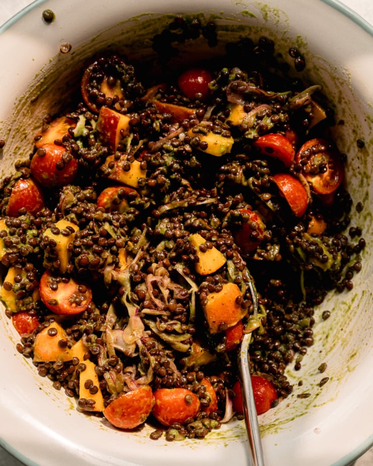 An overhead shot shows a bowl filled with black lentils, onions, cherry tomatoes, and peaches all tossed in a basil vinaigrette.