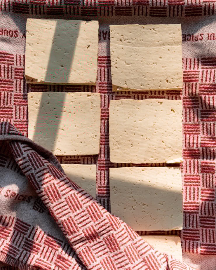 An overhead shot shows square slices of tofu on a kitchen towel in bright sun light.
