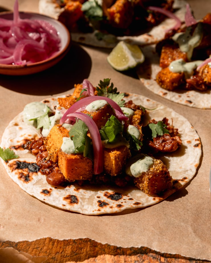 A head-on shot shows a roasted butternut squash taco lying flat in direct sun light. The taco also features smashed chipotle pinto beans, pickled red onion, a creamy sauce, and cilantro.