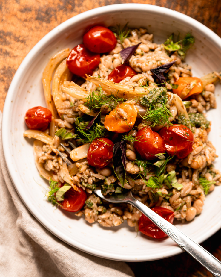 An overhead shot shows an individual serving of pesto orzo in a wide bowl. The orzo and white beans are topped with roasted cherry tomatoes and fennel, as well as fresh basil and fennel fronds.