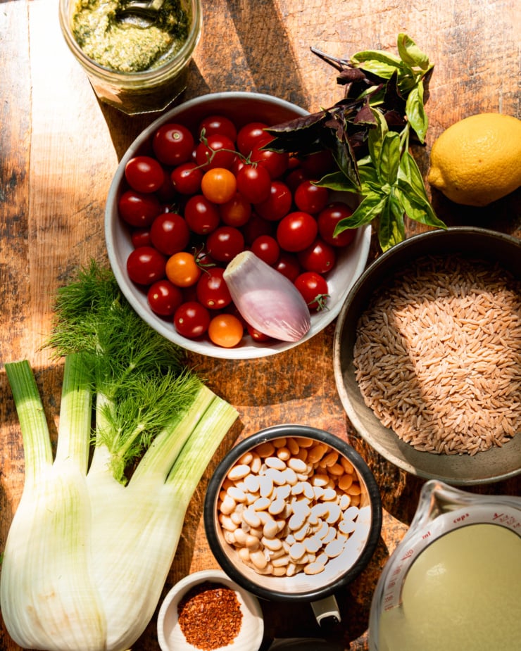 An overhead shot shows ingredients for a vegan pasta dish: orzo, white beans, cherry tomatoes, pesto, and fresh fennel.