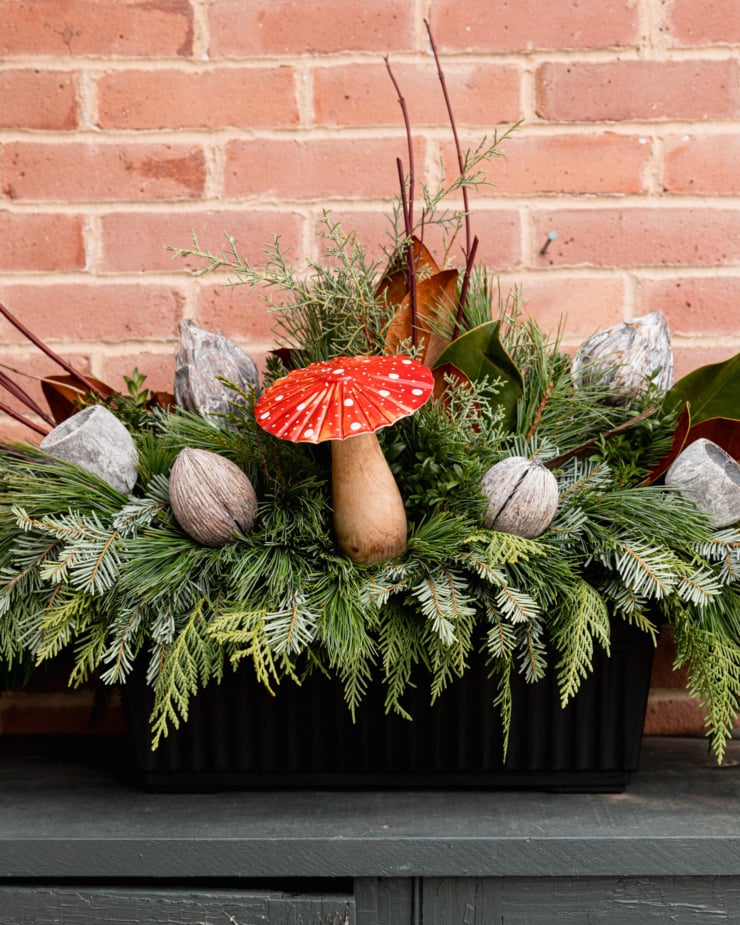 A head-on shot shows a window box filled with winter greens and branches and little holiday ornaments.