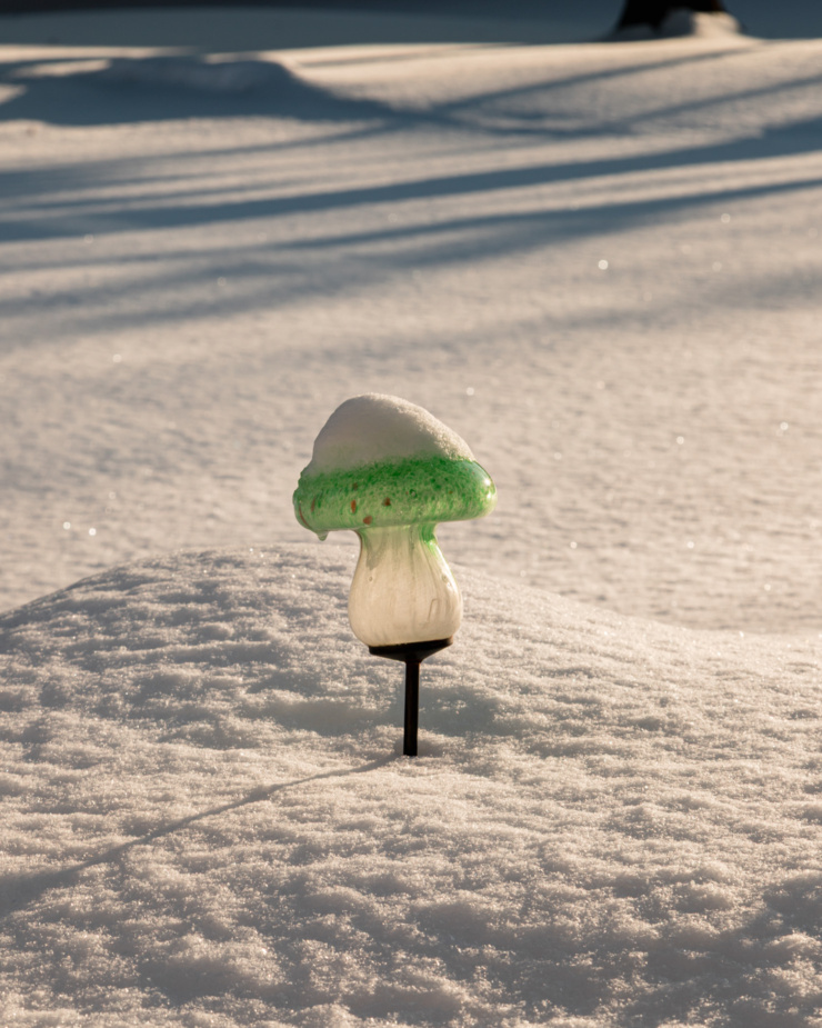 A head-on image shows a mushroom-shaped solar light surrounded by thick snow. It also has a big snow cap on top. The sun is shining brightly.