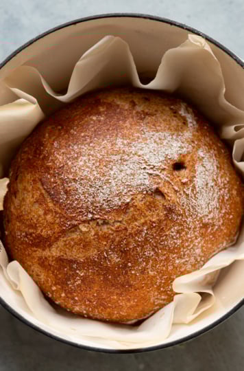 An overhead shot shows a baked round loaf of no-knead whole wheat bread in a Dutch oven, surrounded by parchment paper.