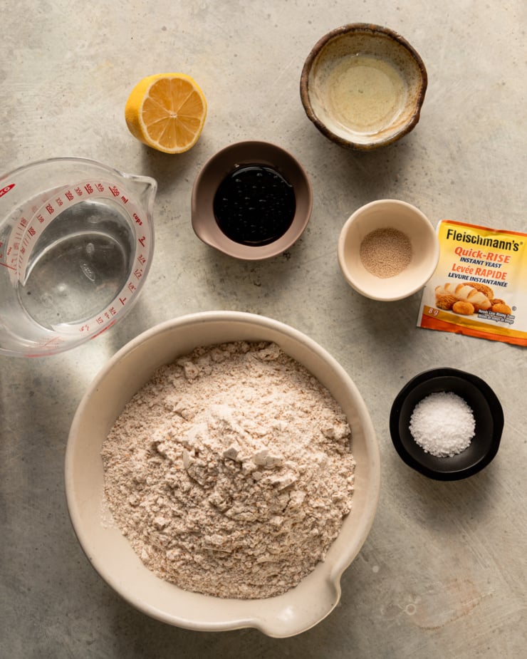 An overhead shot shows ingredients needed to make whole wheat no-knead bread.